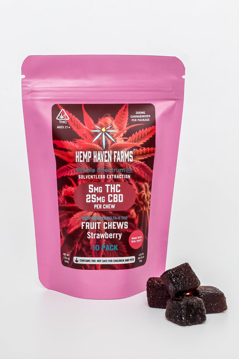 5mg THC, 25mg CBD Vegan Fruit Chew Chemical free, Solvent free, CO2 Hemp Haven Farms, LLC