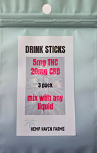 Load image into Gallery viewer, DRINK STICK 3 pack: 5mg THC with 20mg CBD. Unflavored powder to mix with any liquid.