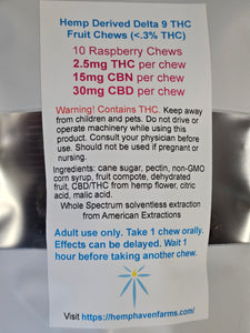 2.5mg THC, 15mg CBN, 30mg CBD "Sleep" Vegan Fruit Chew - Chemical free, Solvent free, CO2 free