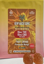 Load image into Gallery viewer, 15mg THC, 15mg CBD PINEAPPLE MANGO Fruit Chew 10 pack: Chemical-free, Solvent-free, CO2-free