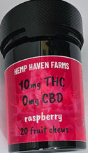 Load image into Gallery viewer, 10mg THC, 0mg CBD Raspberry Vegan Fruit Chew 10 or 20 pack - Chemical free, Solvent free, CO2 free