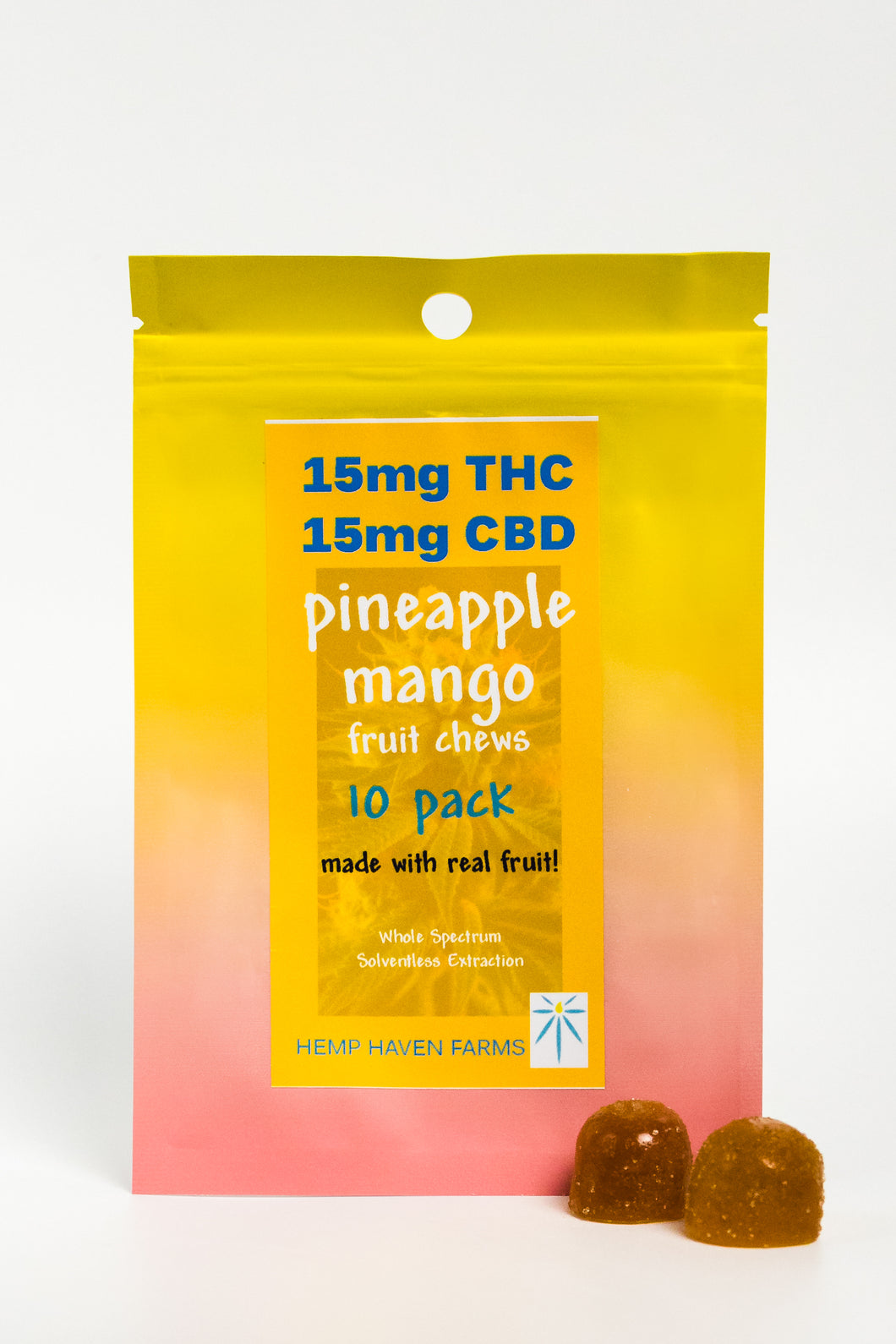 15mg THC, 15mg CBD PINEAPPLE MANGO Fruit Chew 10 pack: Chemical-free, Solvent-free, CO2-free