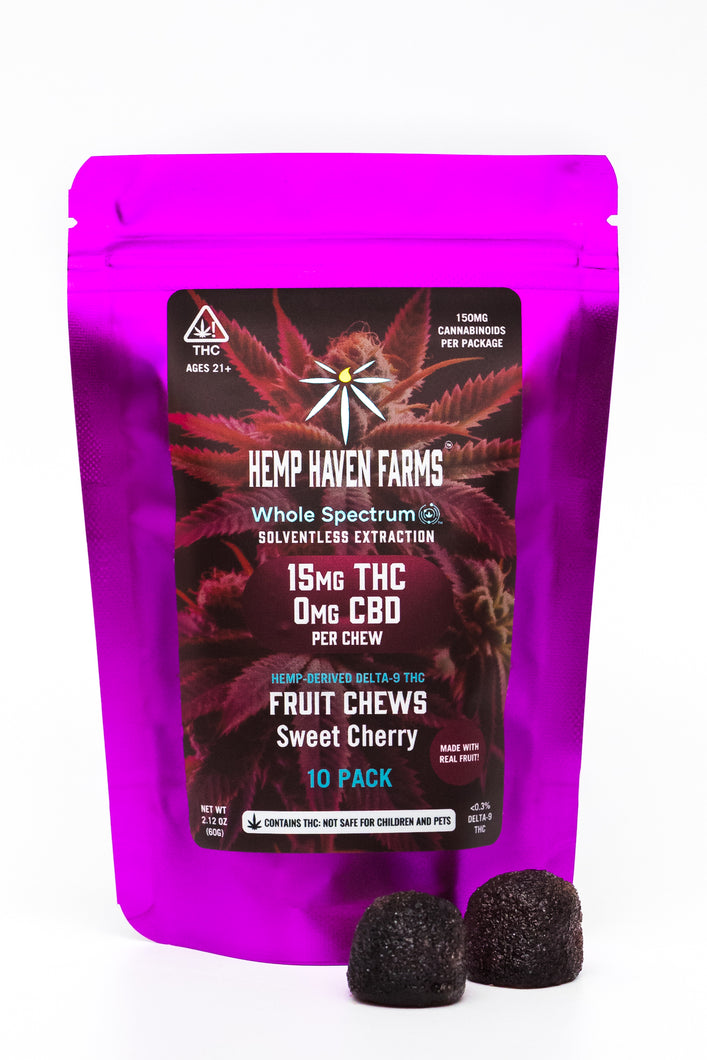 15mg THC, 0mg CBD Sweet Cherry Fruit Chew 10 pack - Chemical free, Solvent free, CO2 free