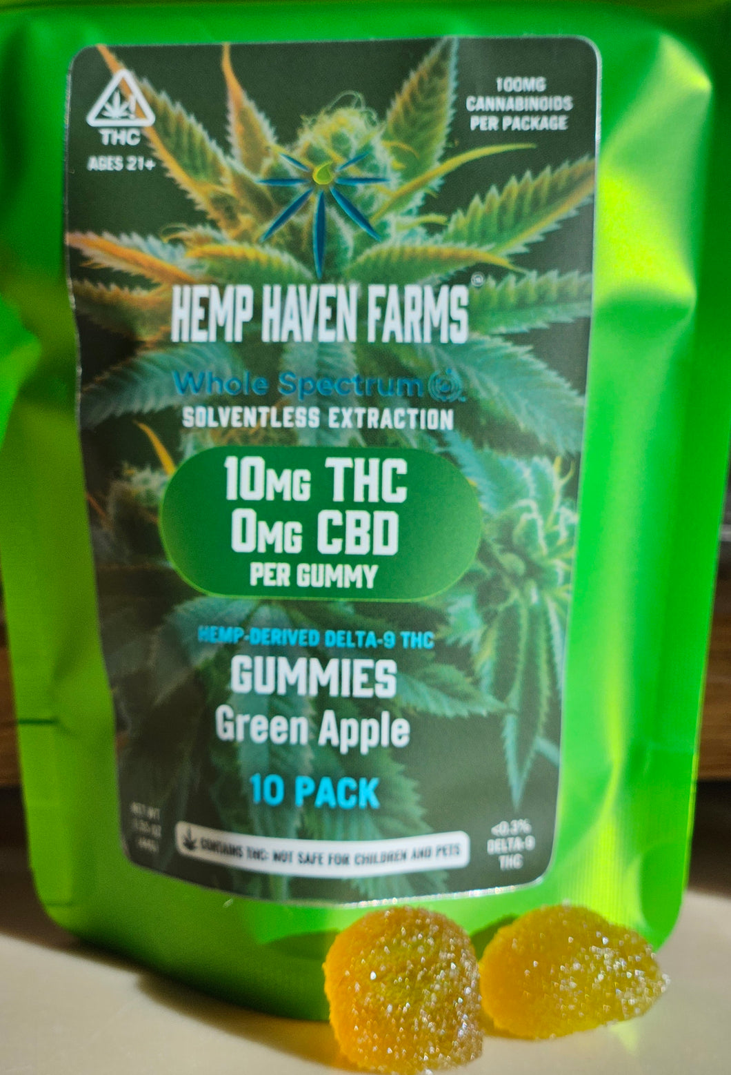 10mg THC, 0mg CBD Vegan Fruit Chew 10 pack GREEN APPLE - Chemical free, Solvent free, CO2 free