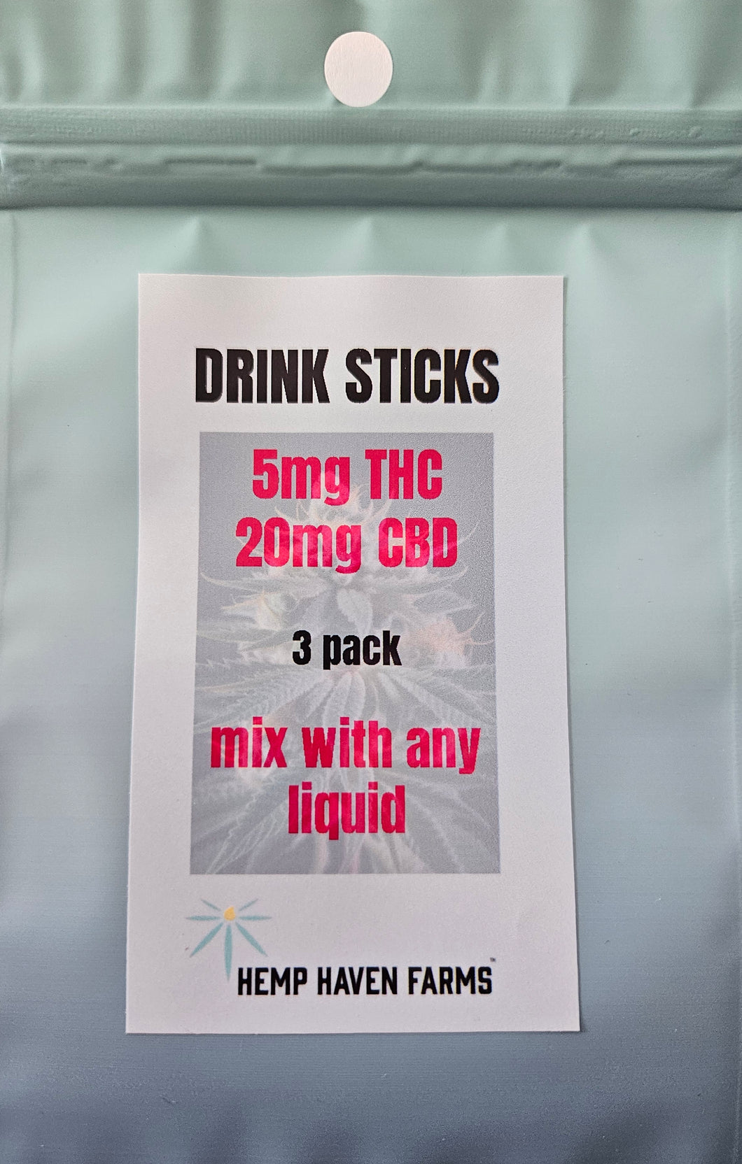 Drink Stick 3 pack: 5mg THC with 20mg CBD. Unflavored powder to mix with any liquid.