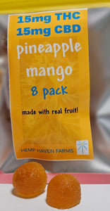 15mg THC, 15mg CBD PINEAPPLE MANGO Fruit Chew 8 pack: Chemical-free, Solvent-free, CO2-free